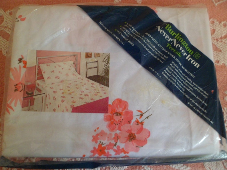 Vintage Old Stock Burlington Flat Sheet Full Double 5050 Cotton Percale Polyester Pink Floral Roses
