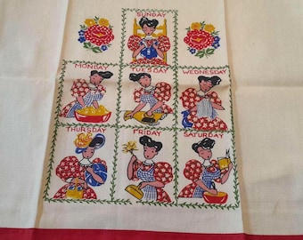 Vintage Paragon Tea Towel: Days of the Week Lady Doing Chores