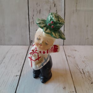 Vintage Japan Christmas Ceramic Blonde Boy Salt Pepper Figure Holly Hat Gift