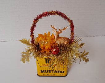 Vintage Fall Autumn Thanksgiving McCormick Mustard Spice Tin Handmade Decoration Assemblage