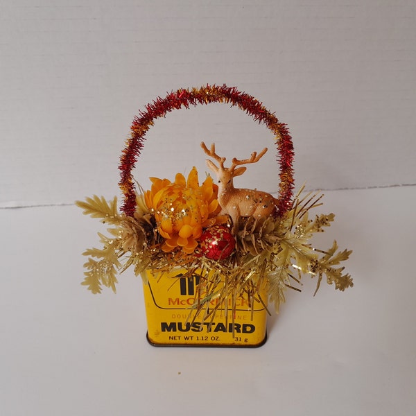 Vintage Fall Autumn Thanksgiving McCormick Mustard Spice Tin Handmade Decoration Assemblage