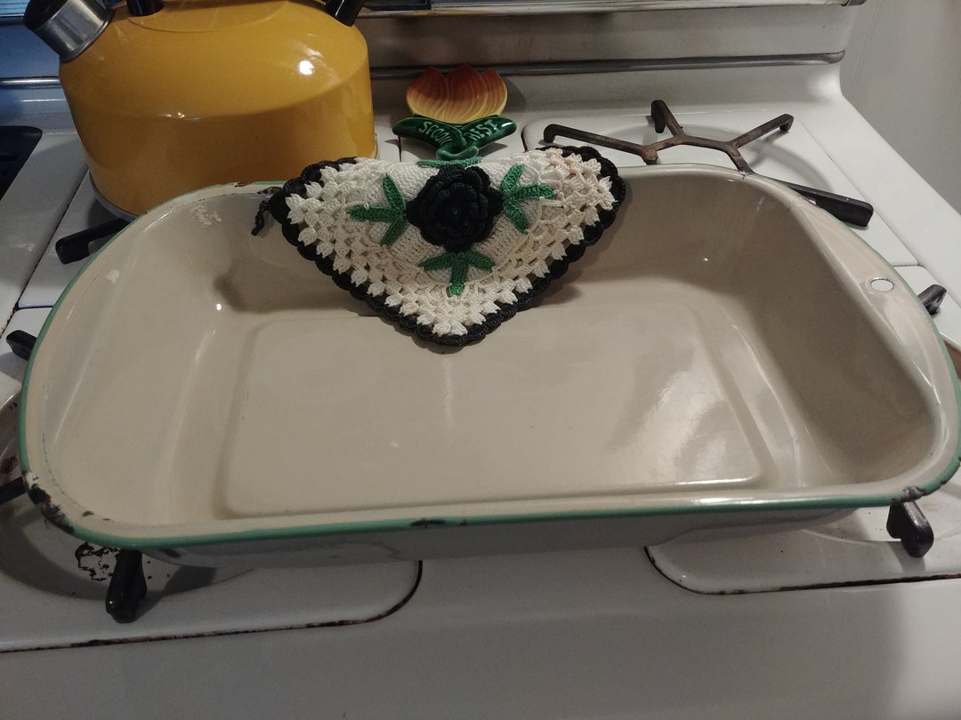 Vintage Metal Enamelware Baking Pan 13 X 9 X 2 1/2 Tan Green Stripe Etsy