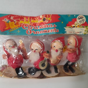 Vintage Commodore Japan Santa Claus Spun Cotton Figures Musical Instruments Christmas Kitsch