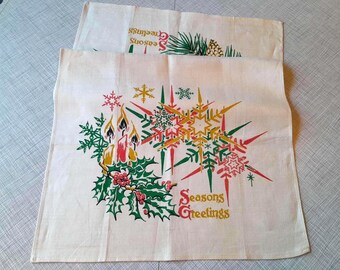 Vintage Christmas Linen Tea Towel: Mid-Century Atomic Snowflakes NOS