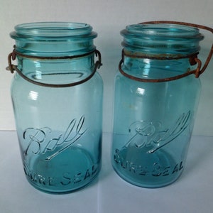 Vintage Ball Sure Seal Blue Canning Mason Fruit Jars Wire Bail No Lids Quart