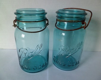 Vintage Ball Sure Seal Blue Canning Mason Fruit Jars Wire Bail No Lids Quart