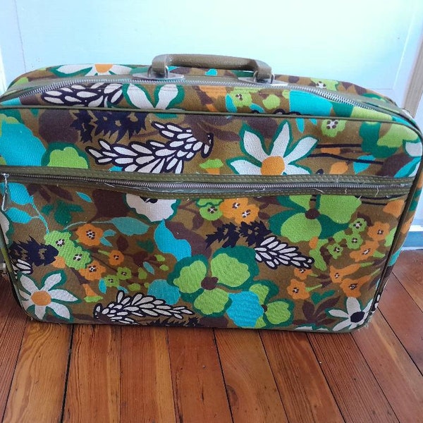 Vintage Mid Century Mod Floral Fabric Suitcase Overnight Travel Bag Japan