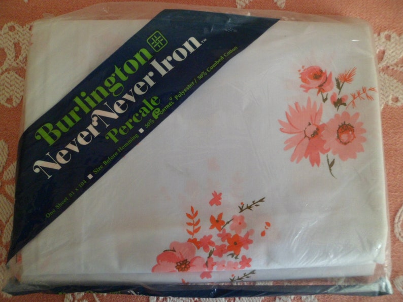 Vintage Old Stock Burlington Flat Sheet Full Double 5050 Cotton Percale Polyester Pink Floral Roses