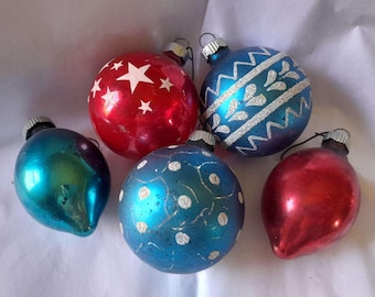 Vintage Set of 7 Christmas Ball Ornaments - Glass, Round - Red