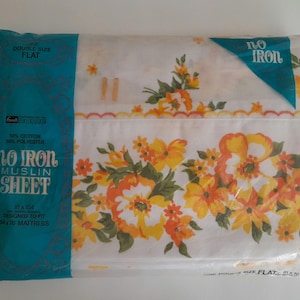 Vintage Grants No Iron Full Flat Sheet Yellow Floral 81 x 104 Old Stock
