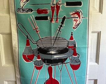 Vintage Kitchen Tea Towel Mid Century Barbecue Novelty