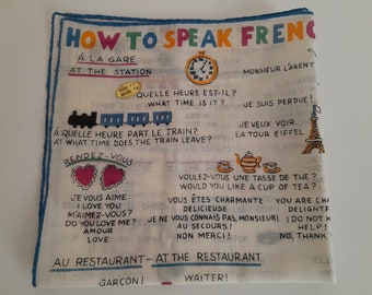 Vintage Old Stock Novelty Handkerchief Hankie "How to Speak French" Foil Tag