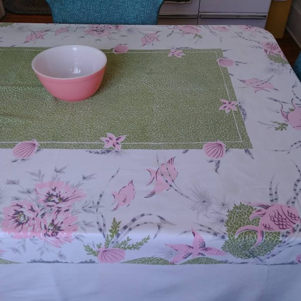 Vintage Tropical Tablecloth Under the Sea Fish Sea Creatures Starfish Pink Green 58 x 74