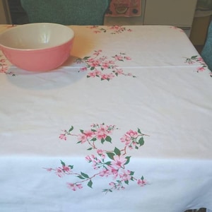 Vintage Mid Century Pink Dogwood Floral Tablecloth