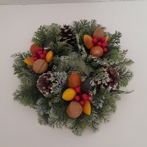 Vintage Mid Century Christmas Candle Ring Wreath Greenery Plastic Nuts Pine Cones