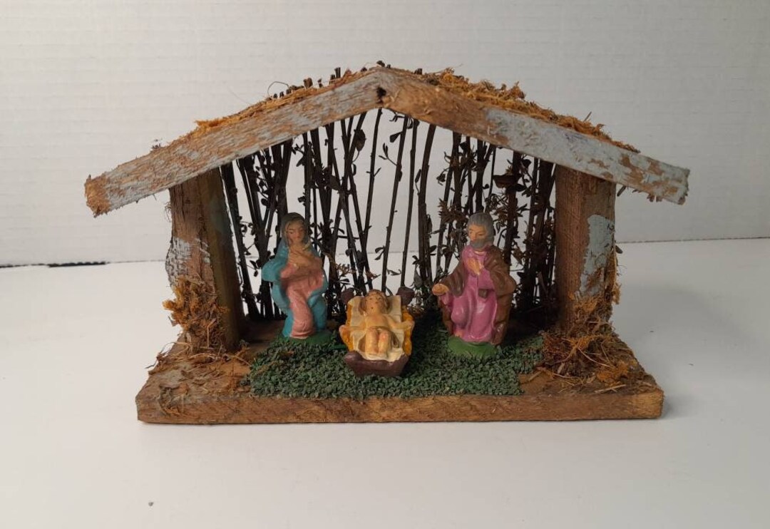 Village Nativity Tabletop Wooden Stable Ceche Fo Chistmas