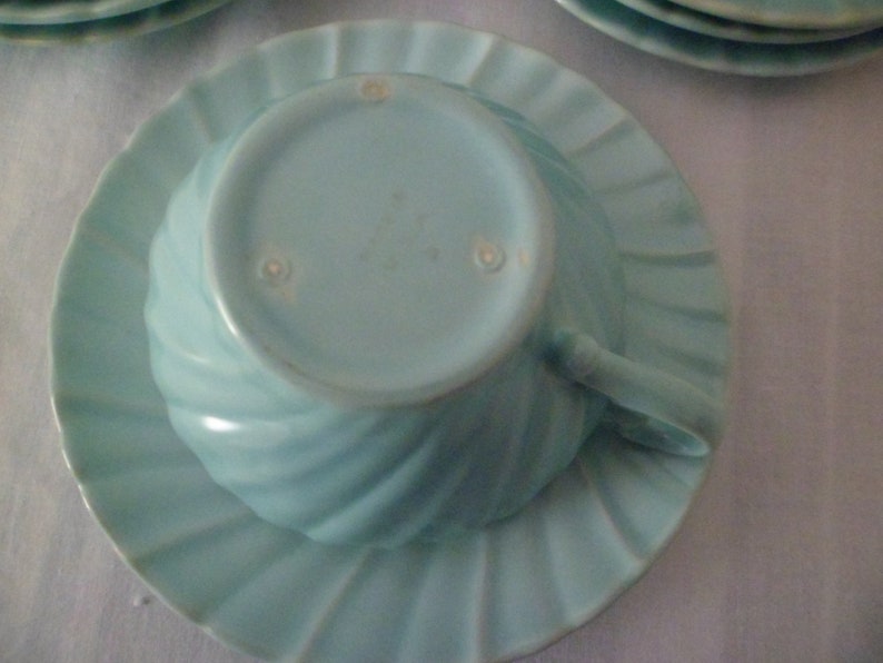 Vintage Franciscan Coronado Aqua Matte 2 18 Flat Cup and Saucer Set Swirled Edge