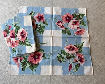 Vintage Wilendur Napkins "Morning Glory" Pink Blue Floral Set of 4 Old Stock