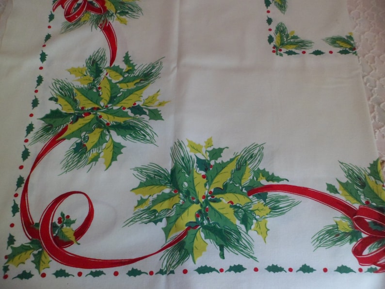 Vintage Mid Century Christmas Tablecloth Holly Berries Pine Red Ribbon Bows 52 x 60