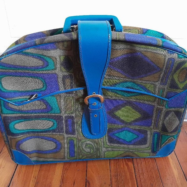 Vintage Mid Century Mod Floral Fabric Suitcase Overnight Travel Bag Japan