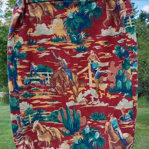 Vintage Mid Century Barkcloth shops Fabric Cowboys Western Horses Unused