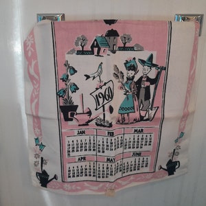 Vintage 1960 Bucilla Calendar Tea Towel Wall Hanging Pink Turquoise Folk Design Old Stock W T Grant Price Tag