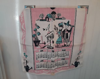 Vintage 1960 Bucilla Calendar Tea Towel, Pink Turquoise Folk Art NOS