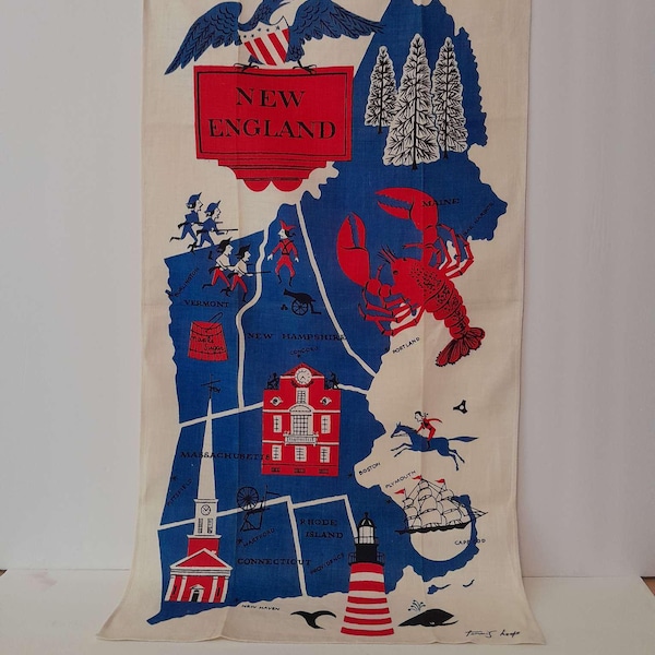 Vintage Tammis Keefe New England Map Linen Tea Towel: Mid-Century Wall Hanging