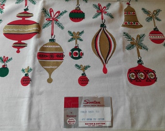 Vintage Old Stock Simtex Christmas Tablecloth "Frolic" Mid Century Shiny Brite Ornaments Atomic 52 x 70 Paper Label