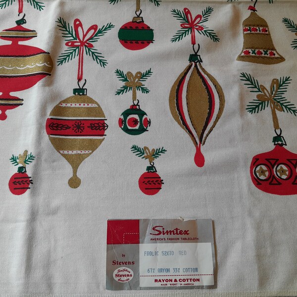 Vintage Old Stock Simtex Christmas Tablecloth "Frolic" Mid Century Shiny Brite Ornaments Atomic 52 x 70 Paper Label