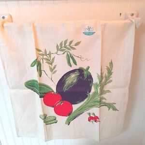Vintage Pride of Flanders Kitchen Tea Dish Towel  Eggplant Tomatoes Veggies Old Stock Paper Label