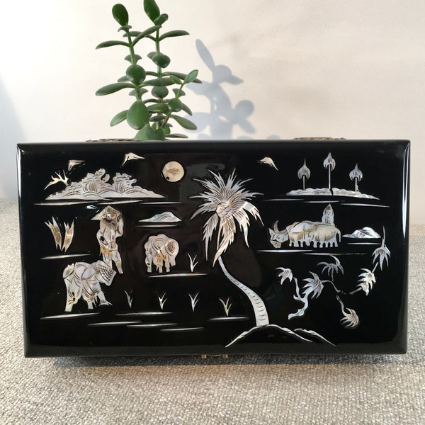 Vintage Black Lacquer Box, Trinket Box, Jewelry Box with Mother of Pearl Inlay, handmade box.