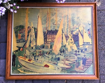 Vintage reproduction print, Raoul Dufy (French, 1877-1953), “REGATES A DEAUVILLE,” Fauvist artist. Collotype, collograph, lithograph.