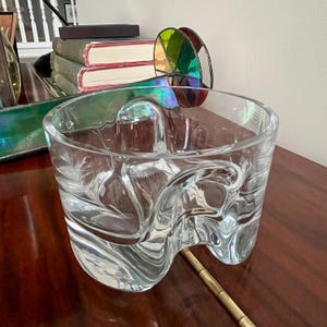 May include: A clear glass bowl with a unique, organic shape. The bowl has a wide, rounded base and a slightly flared rim. The glass is thick and has a slight ripple effect.