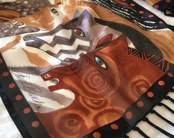 Vintage scarf LAUREL BURCH, horses in rich tones of brown, black and white. Fringed rectangle scarf, silk scarf, gift for her.