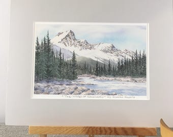 MARILYN KINSELLA, The Wedge and the Kananaskis River, Signed Print, Watercolor, Matted Print, Vintage Art 1990s, 10" x 12 3/4"