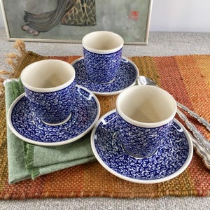 Set of 3 Vintage BOLESLAWIEC POTTERY cups and saucers, Handmade, 7 Ounce, Blue and White Cup and Saucer, Made in Poland, Cup without Handles