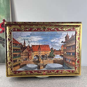 Large Vintage West German Tin Box, Embossed Tin Box, 8500 Nuremberg, E. Otto Schmidt, 1988, 11 5/8" x 16 3/8"