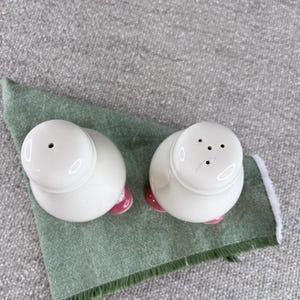 May include: A pair of white ceramic salt and pepper shakers with pink accents. The shakers are shaped like eggs and have a round top with holes for dispensing salt and pepper.