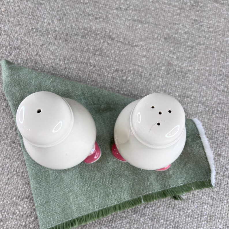 May include: A pair of white ceramic salt and pepper shakers with pink accents. The shakers are shaped like eggs and have a round top with holes for dispensing salt and pepper.