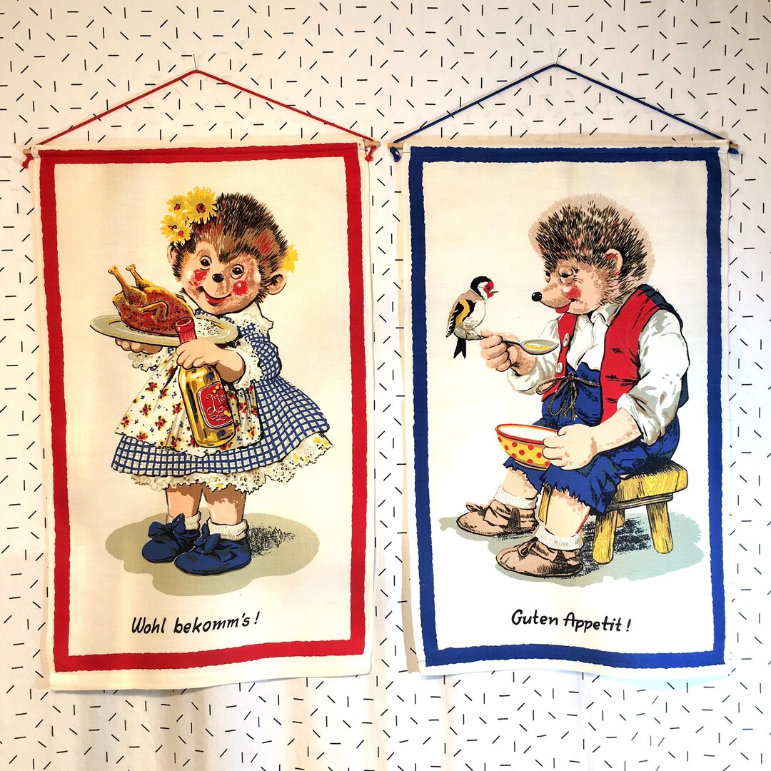 Vintage Mechi and Micki, German Hedgehog Tea Towels. Vintage German Tea