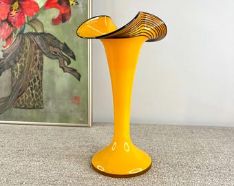 Tango Glass Vase, Antique 1930s, Art Deco, Black Powolny Net on Orange Glass, Loetz Czechoslovakia, 10&quot; Tall