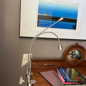 May include: A silver desk lamp with two adjustable heads and flexible arms. The lamp is attached to a wooden desk. A framed artwork and books are in the background. The lamp's design is modern and functional.