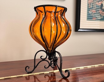 Hand Blown Caged Glass Vase, Orange Wrought Iron Vase, Murano Style Vase, Vintage 1960s Vase, Art Deco Vase, 7 3/4&quot; Tall
