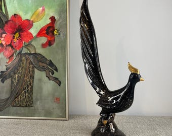 Vintage MCM Phoenix Figurine, Pheasant Figurine, Large Pheasant, Black and Gold, Vintage 1950s, 17" Tall, Made in the USA