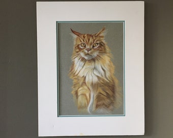 Original pastel portrait of an orange tabby cat, by J.H. CAMERON, long haired orange tabby cat, ginger cat portrait.