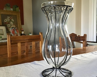 Large Hand Blown Caged Glass Vase, Wrought Iron Vase, Murano Style Vase, Vintage 1960s Vase, Art Deco Vase, 12.5&quot; Tall