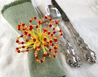 Set of 12 beaded napkin rings, handmade in red, orange and yellow,  all occasion napkin rings, flower napkin rings