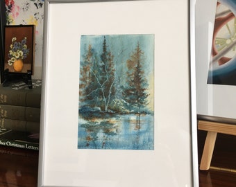 Aquarelle originale de paysage, signée, dimension de l'image 17 cm x 11,5 cm (6,5 po. x 4,25 po.), bleu lapis-lazuli et noyer et brun acajou.