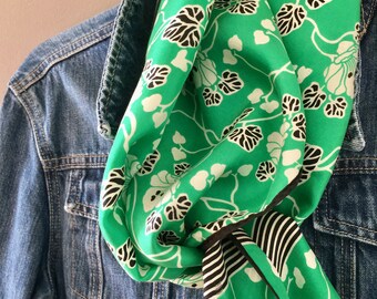 Vintage scarf DIANE VON FURSTENBERG, green, black, white floral scarf, silk scarf, rectangle scarf